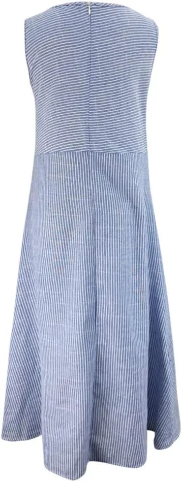 Women's Linen Dresses Sleeveless Crew Neck Striped Long Dress with Pockets 2024, S-2XL