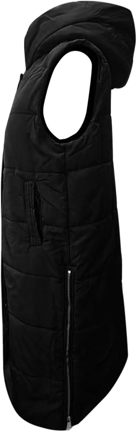 Women's Long Puffer Vest Full-Zip Sleeveless Down Vest Hooded Jacket Fashionable Coats Jacket with Pockets Trendy