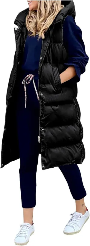 Women's Long Puffer Vest Full-Zip Sleeveless Down Vest Hooded Jacket Fashionable Coats Jacket with Pockets Trendy