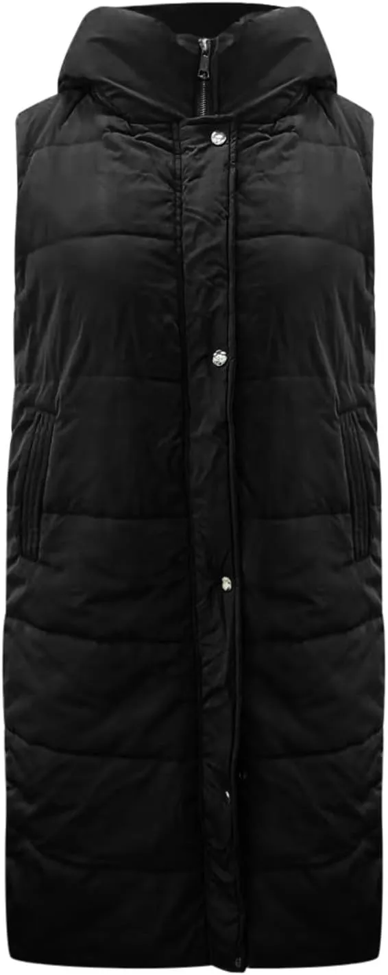Women's Long Puffer Vest Full-Zip Sleeveless Down Vest Hooded Jacket Fashionable Coats Jacket with Pockets Trendy