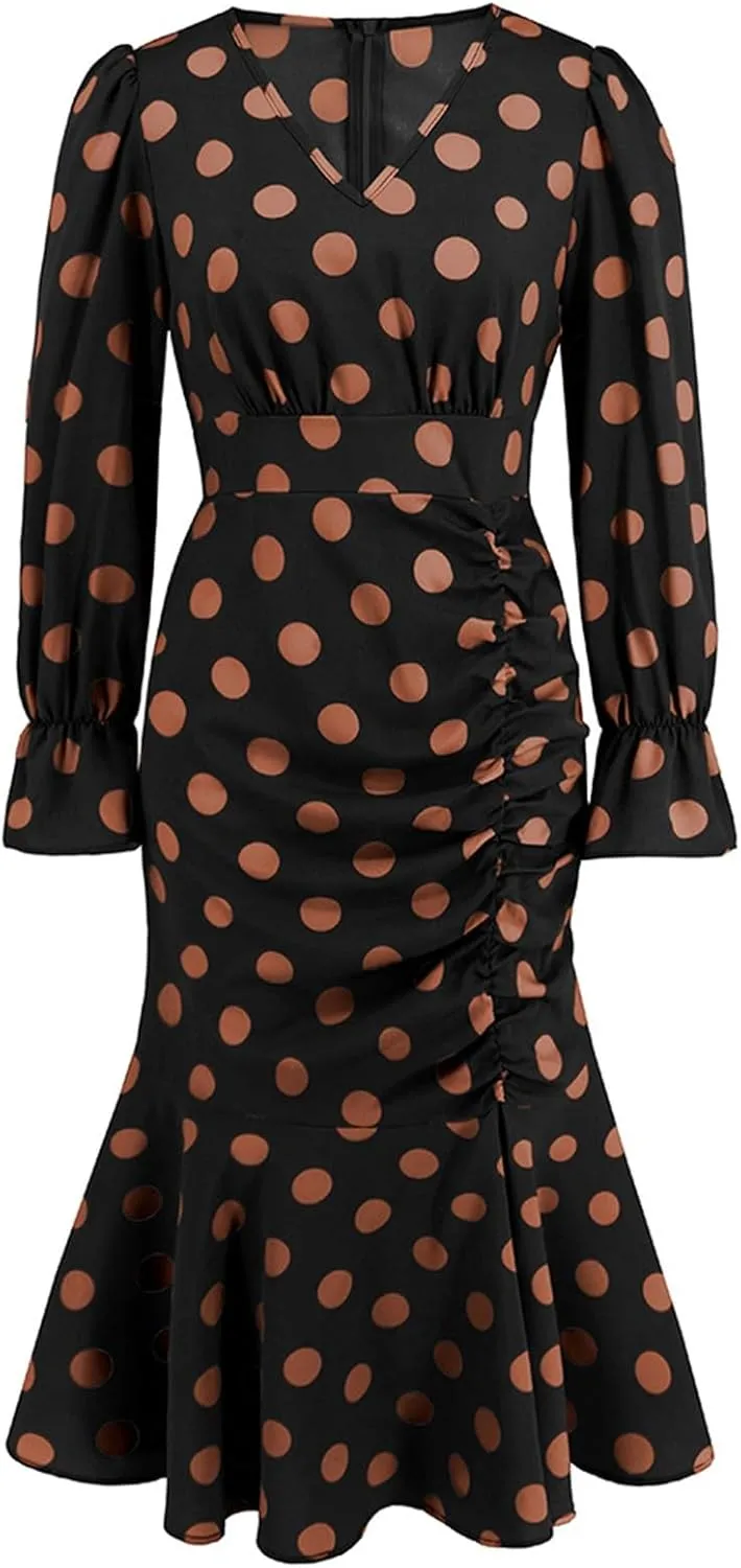 Women's Long Sleeve Sexy Wrap V Neck Dresses Polka Dot Elegant Cocktail Party Work Knee Length Pleated Mermaid Dress