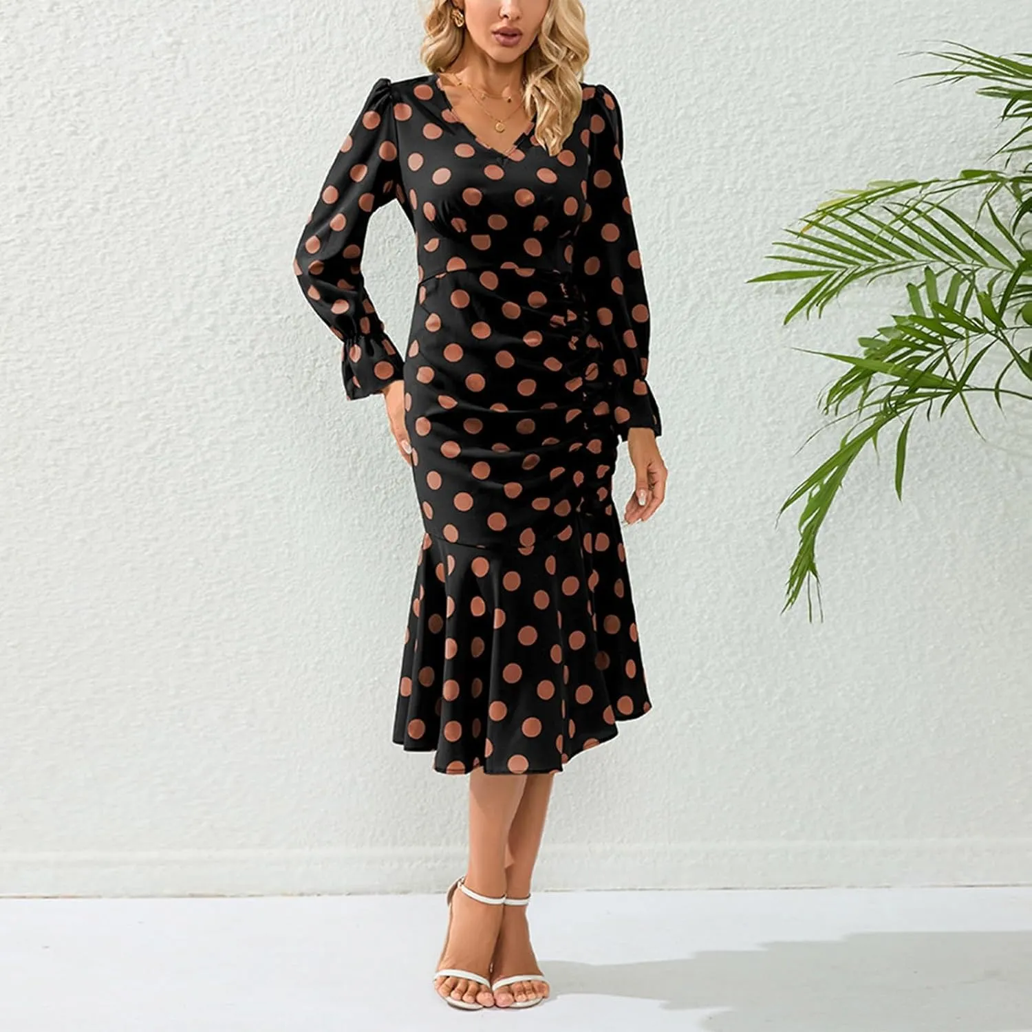 Women's Long Sleeve Sexy Wrap V Neck Dresses Polka Dot Elegant Cocktail Party Work Knee Length Pleated Mermaid Dress
