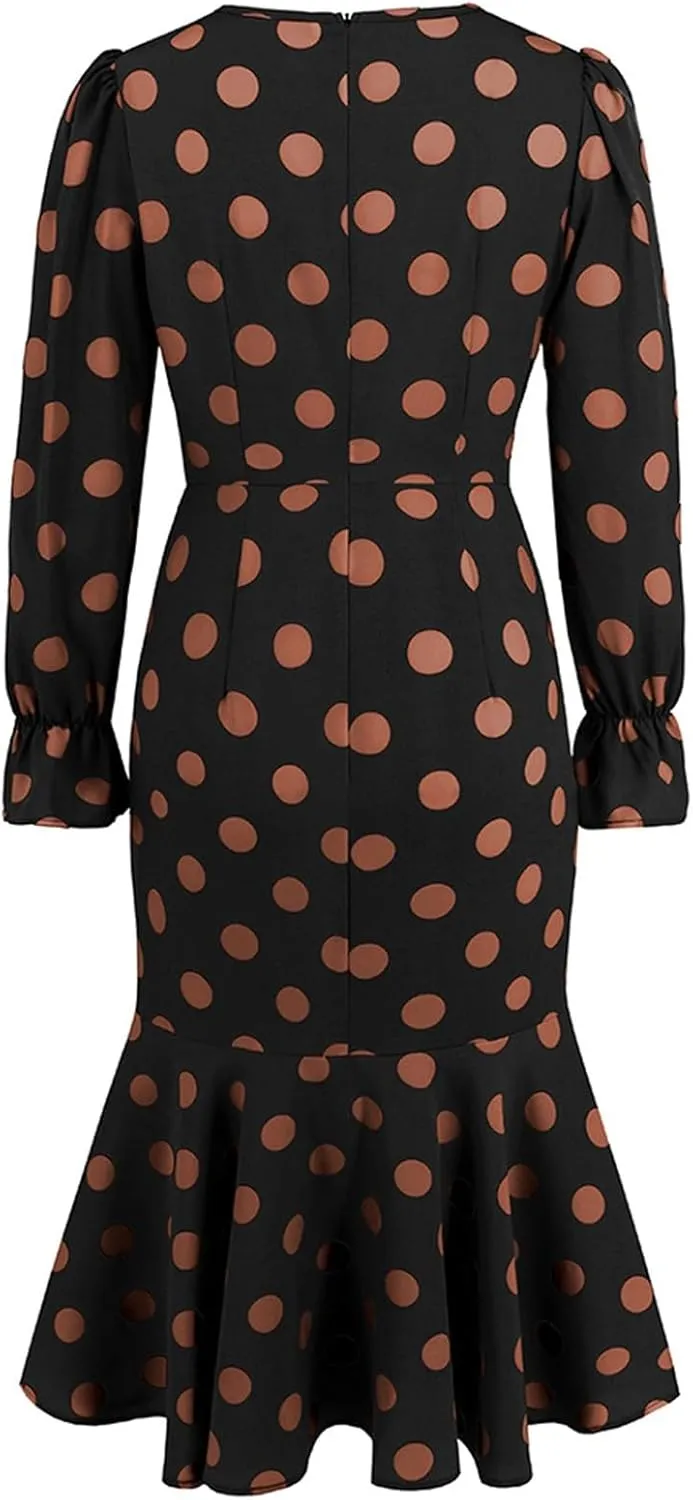 Women's Long Sleeve Sexy Wrap V Neck Dresses Polka Dot Elegant Cocktail Party Work Knee Length Pleated Mermaid Dress