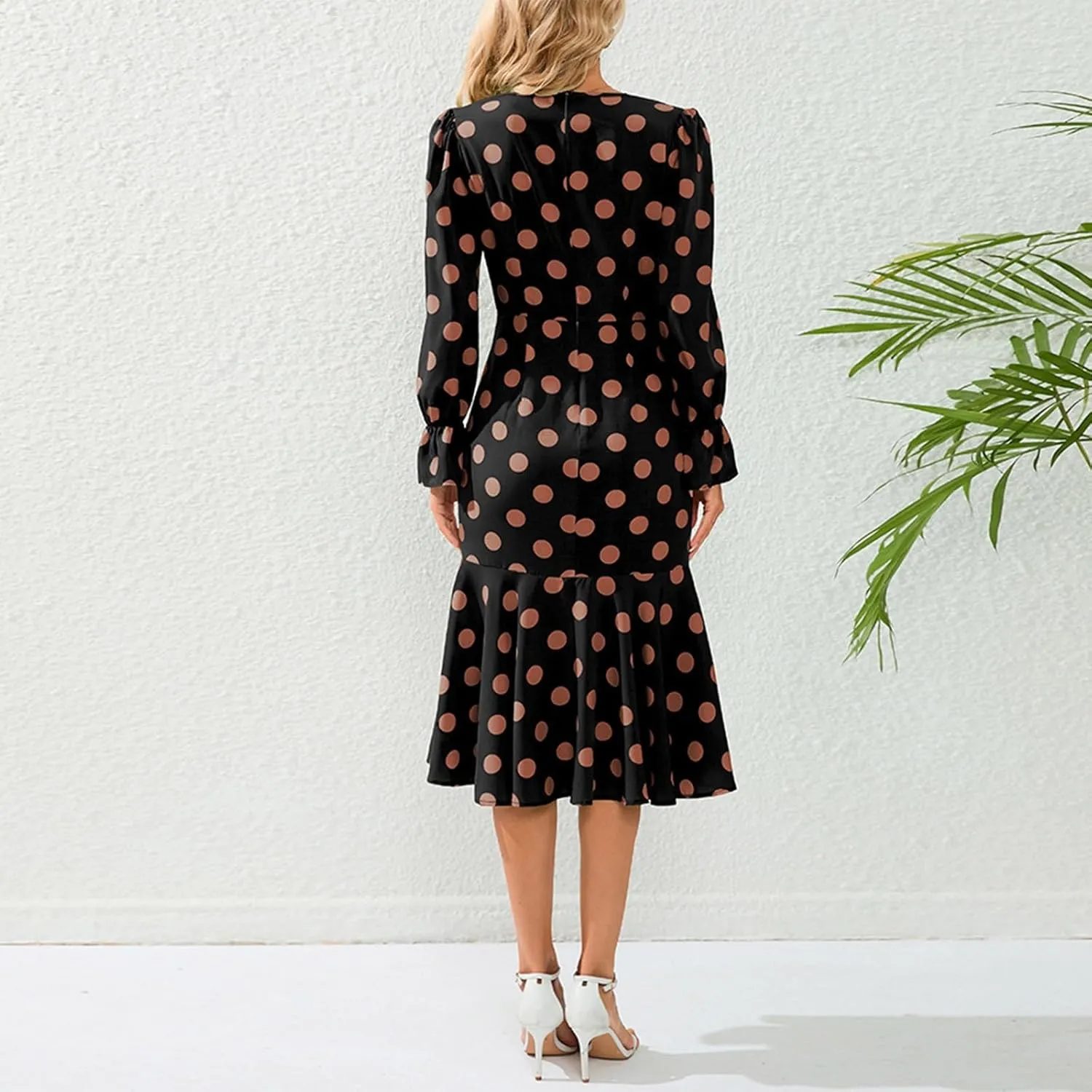 Women's Long Sleeve Sexy Wrap V Neck Dresses Polka Dot Elegant Cocktail Party Work Knee Length Pleated Mermaid Dress