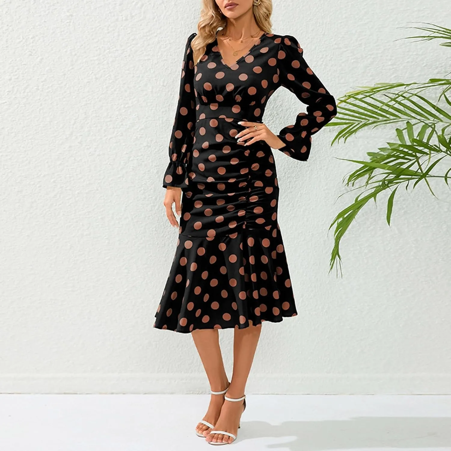 Women's Long Sleeve Sexy Wrap V Neck Dresses Polka Dot Elegant Cocktail Party Work Knee Length Pleated Mermaid Dress