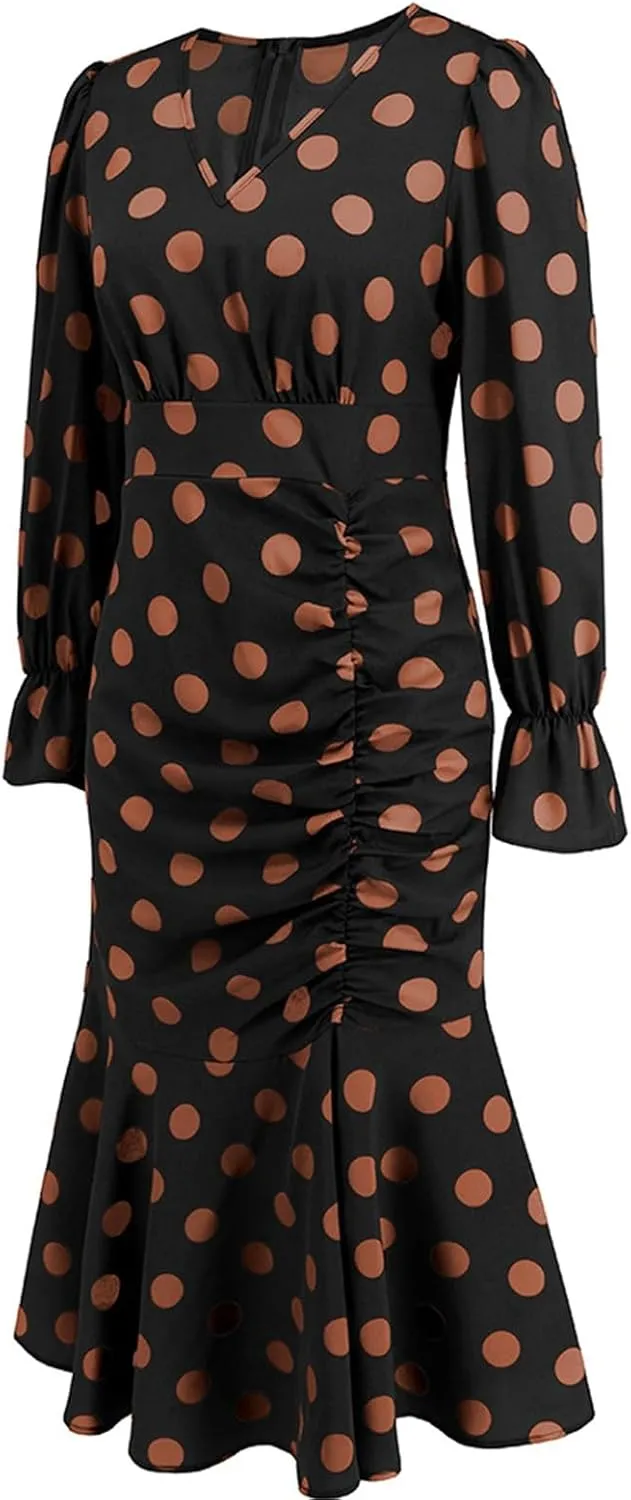 Women's Long Sleeve Sexy Wrap V Neck Dresses Polka Dot Elegant Cocktail Party Work Knee Length Pleated Mermaid Dress