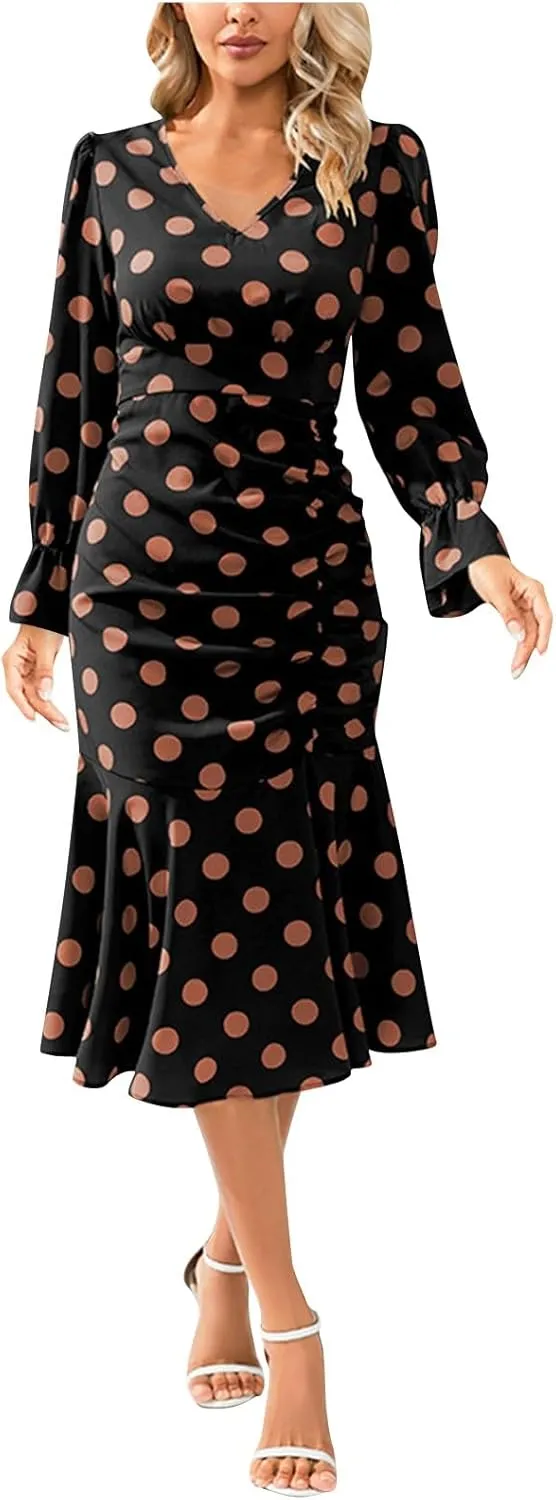 Women's Long Sleeve Sexy Wrap V Neck Dresses Polka Dot Elegant Cocktail Party Work Knee Length Pleated Mermaid Dress