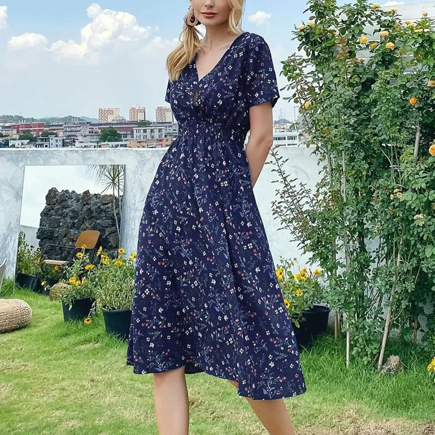 Women's Maxi Dresses 2024 Casual Floral Printed Boho Dresses Summer Swing V-Neck Short Sleeve Dress Casual, S-XL