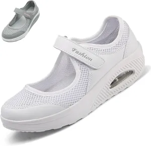 Women's Mesh Air Cushion Adjustable Nurse Shoes Comfortable Hollow Breathable Working Orthotic Wedges Mary Jane Lightweight Out Granny Non-Slip Walking Shoe