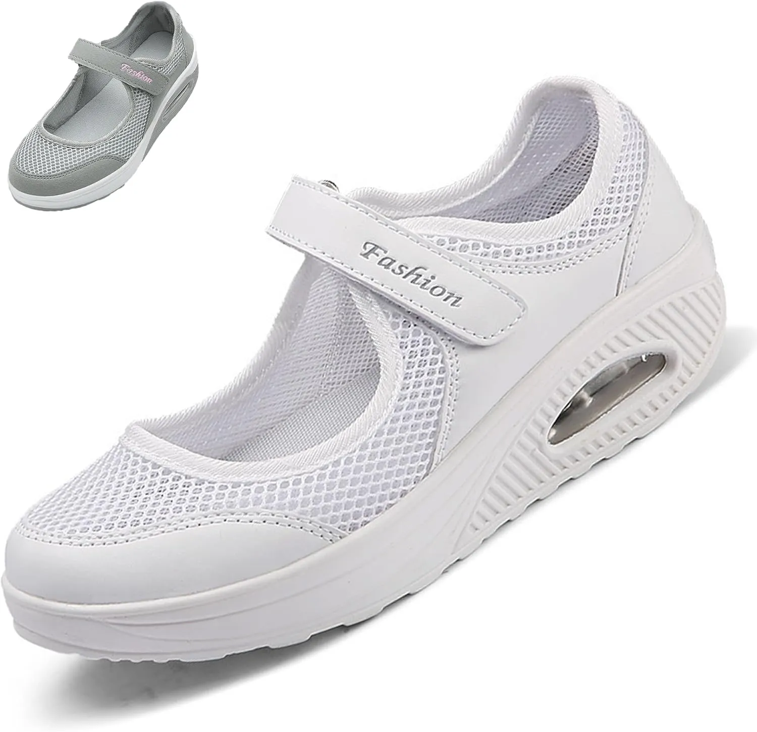 Women's Mesh Air Cushion Adjustable Nurse Shoes Comfortable Hollow Breathable Working Orthotic Wedges Mary Jane Lightweight Out Granny Non-Slip Walking Shoe
