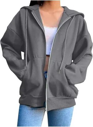 Womens Oversized Zip Up Hoodie Trendy Drawstring Long Sleeve Fall Jackets Casual Teen Girls Y2k Hooded Sweatshirts