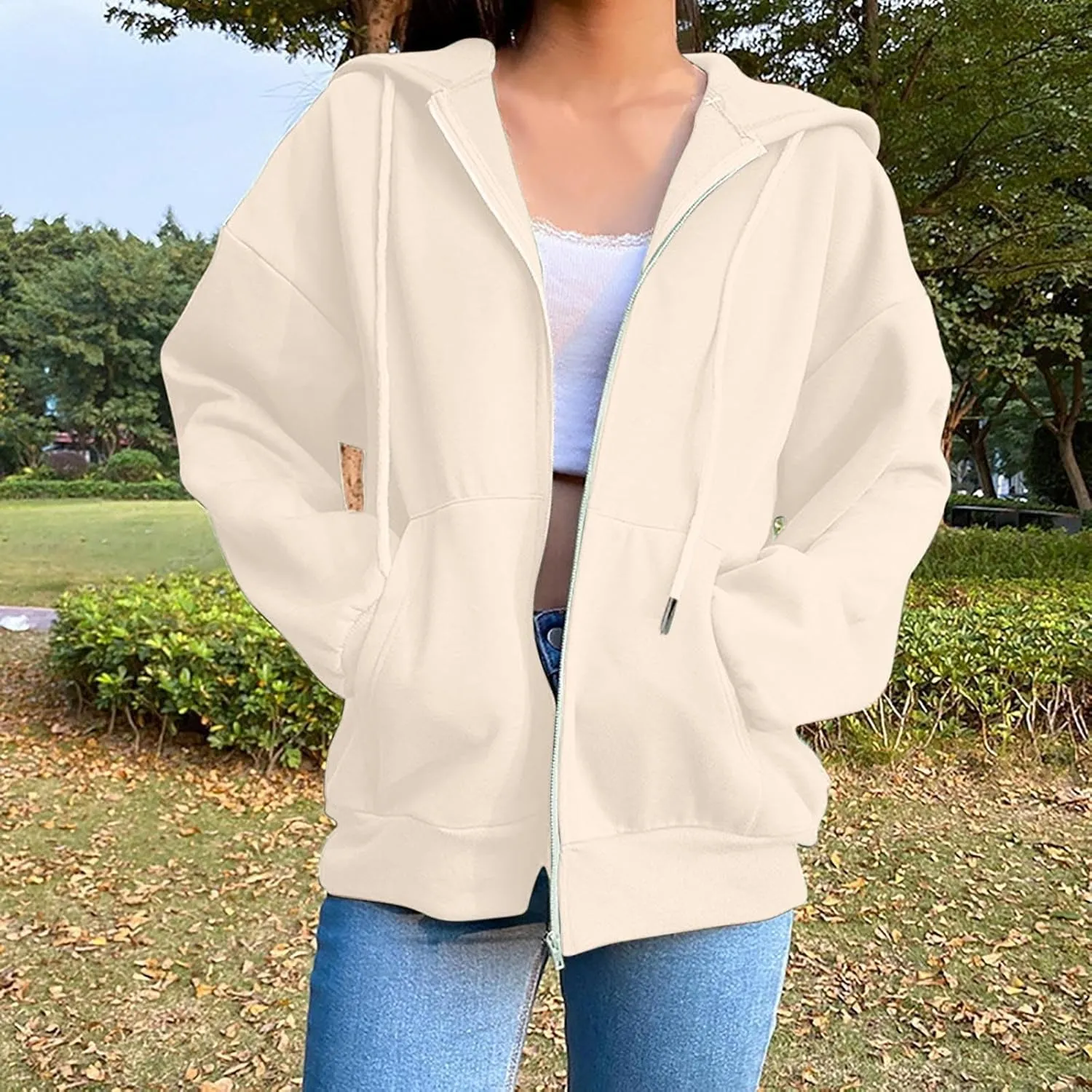 Womens Oversized Zip Up Hoodie Trendy Drawstring Long Sleeve Fall Jackets Casual Teen Girls Y2k Hooded Sweatshirts