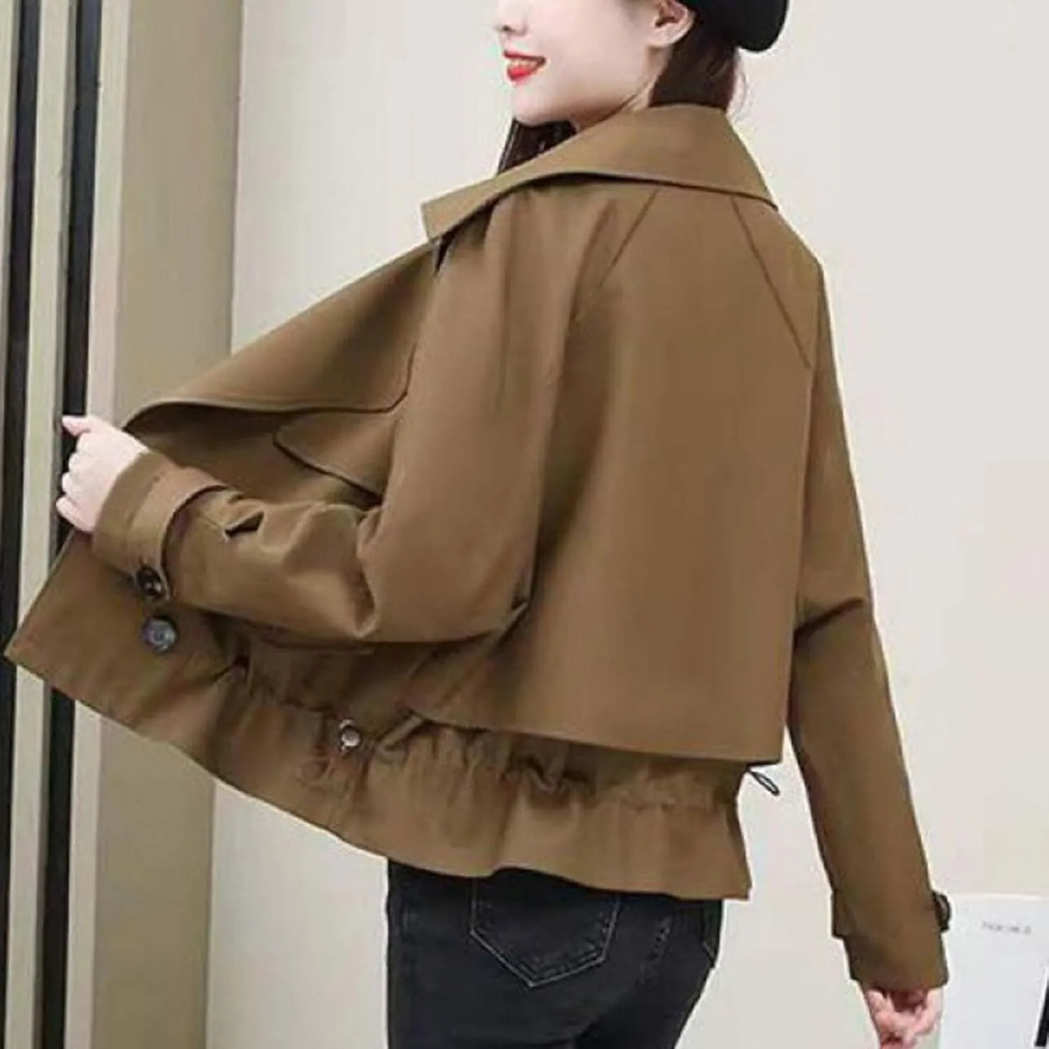 Women's Plus Size Korean Style Short Fashion Trench Coat Casual Notched Lapel Double Breasted Loose Cropped Jacket