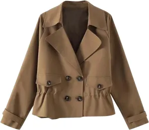 Women's Plus Size Korean Style Short Fashion Trench Coat Casual Notched Lapel Double Breasted Loose Cropped Jacket