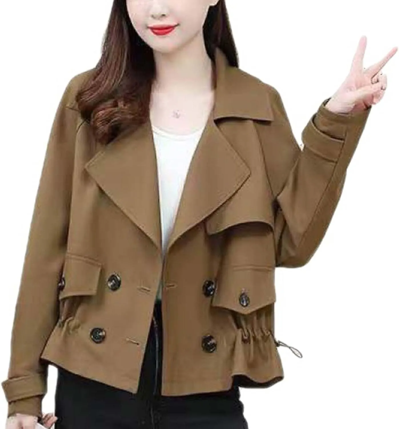 Women's Plus Size Korean Style Short Fashion Trench Coat Casual Notched Lapel Double Breasted Loose Cropped Jacket