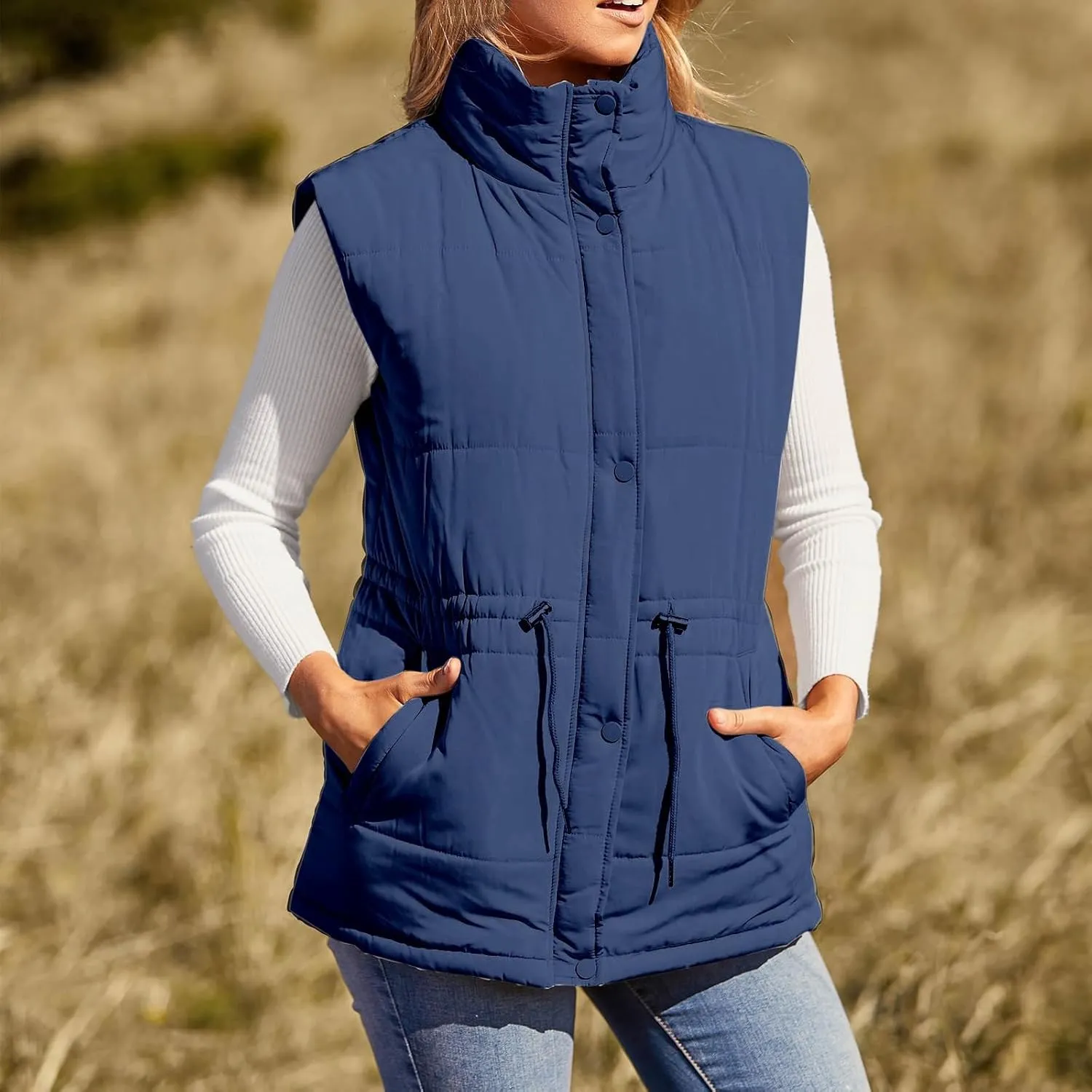 Women's Quilted Puffer Vest Casual Sleeveless Stand Collar Button Fall Trendy Warm Outerwear Down Jackets Winter Coat