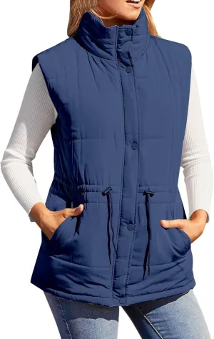 Women's Quilted Puffer Vest Casual Sleeveless Stand Collar Button Fall Trendy Warm Outerwear Down Jackets Winter Coat