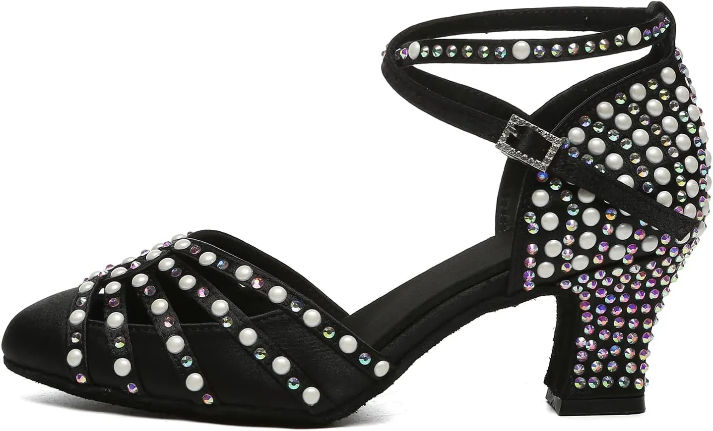 Women's Rhinestone Dance Shoes Closed Toe Salsa Ballroom Latin Performance Dancing Shoes Low Heel