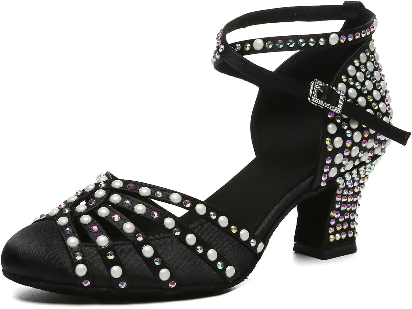 Women's Rhinestone Dance Shoes Closed Toe Salsa Ballroom Latin Performance Dancing Shoes Low Heel