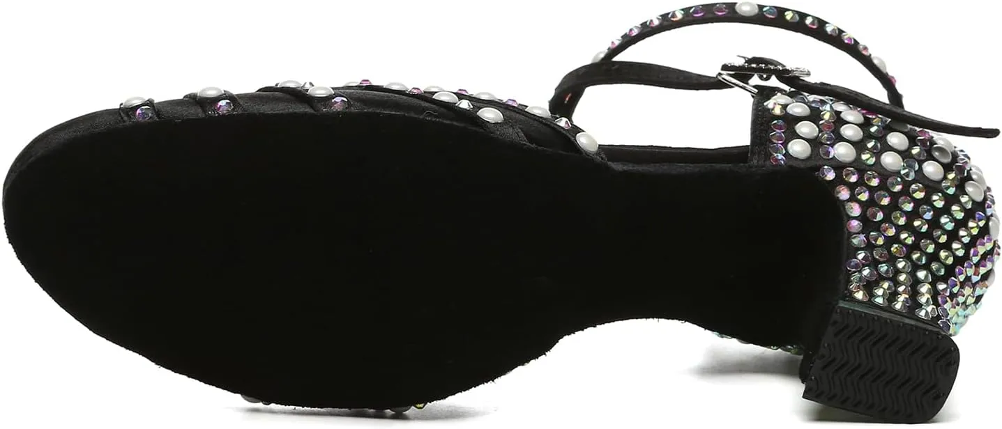 Women's Rhinestone Dance Shoes Closed Toe Salsa Ballroom Latin Performance Dancing Shoes Low Heel