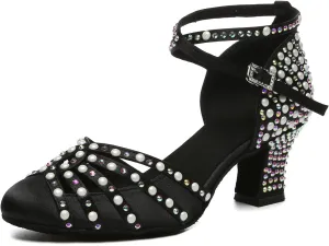 Women's Rhinestone Dance Shoes Closed Toe Salsa Ballroom Latin Performance Dancing Shoes Low Heel