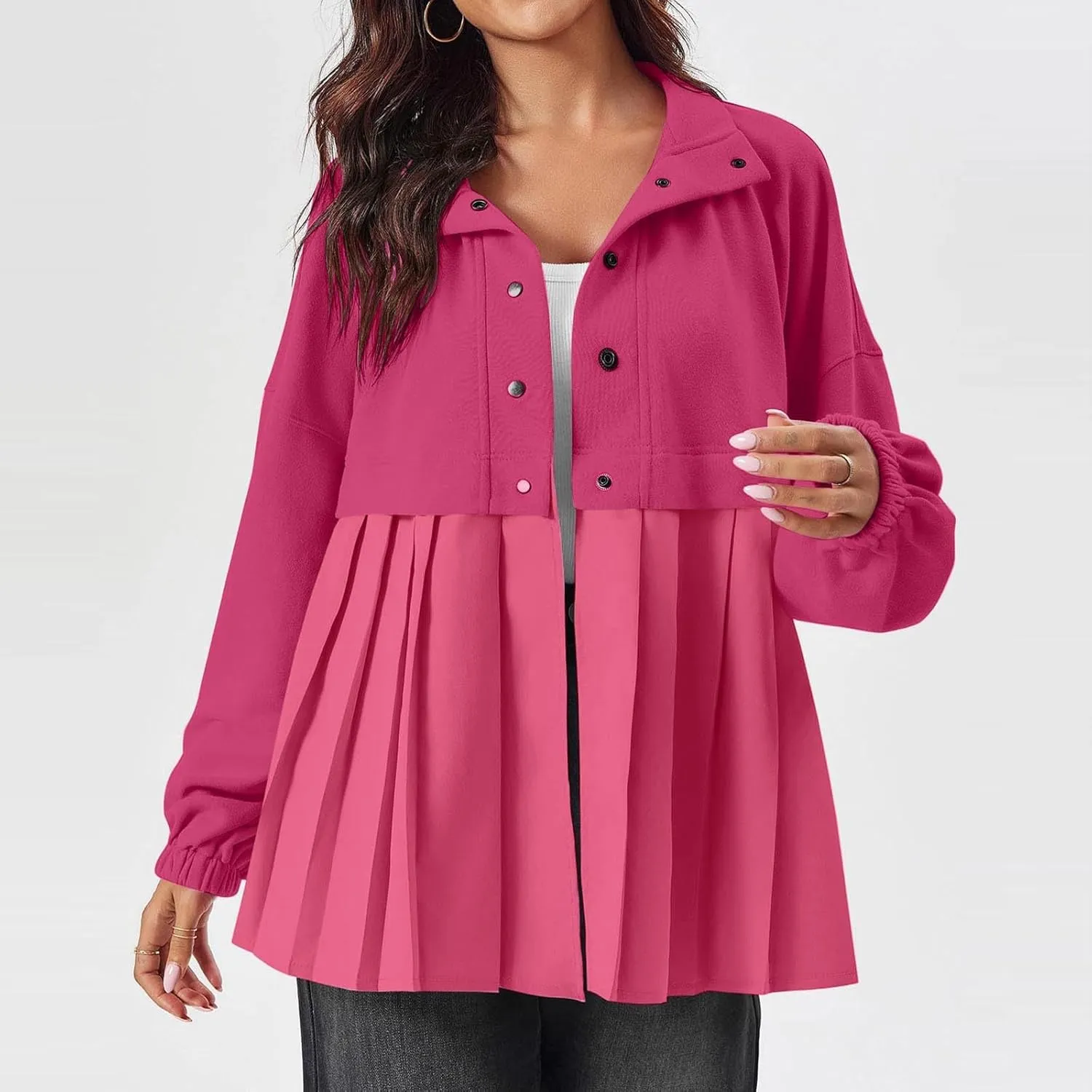 Women's Snaps Down Jackets Long Sleeve Pleated Patchwork Casual Loose Flowy Sweatshirts Fall Fashion Coats