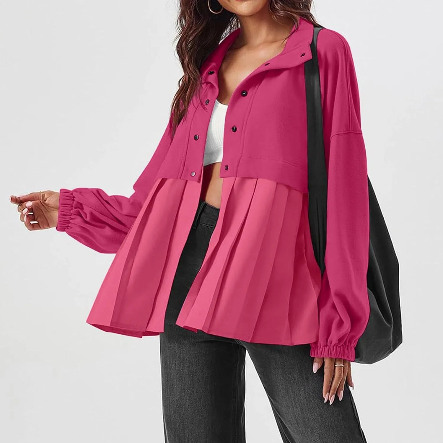 Women's Snaps Down Jackets Long Sleeve Pleated Patchwork Casual Loose Flowy Sweatshirts Fall Fashion Coats