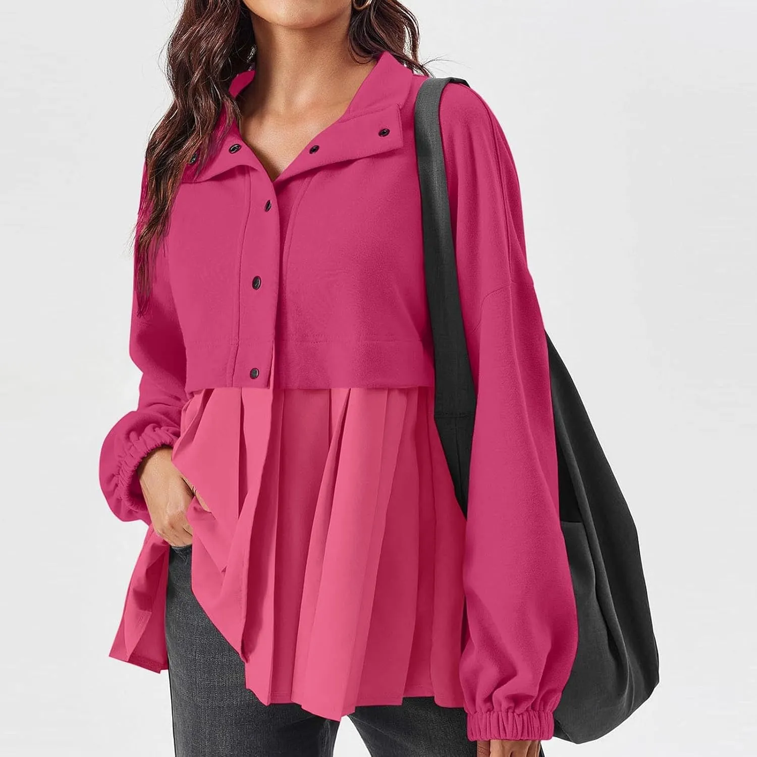 Women's Snaps Down Jackets Long Sleeve Pleated Patchwork Casual Loose Flowy Sweatshirts Fall Fashion Coats