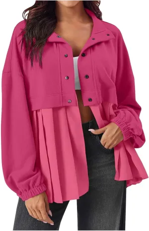 Women's Snaps Down Jackets Long Sleeve Pleated Patchwork Casual Loose Flowy Sweatshirts Fall Fashion Coats