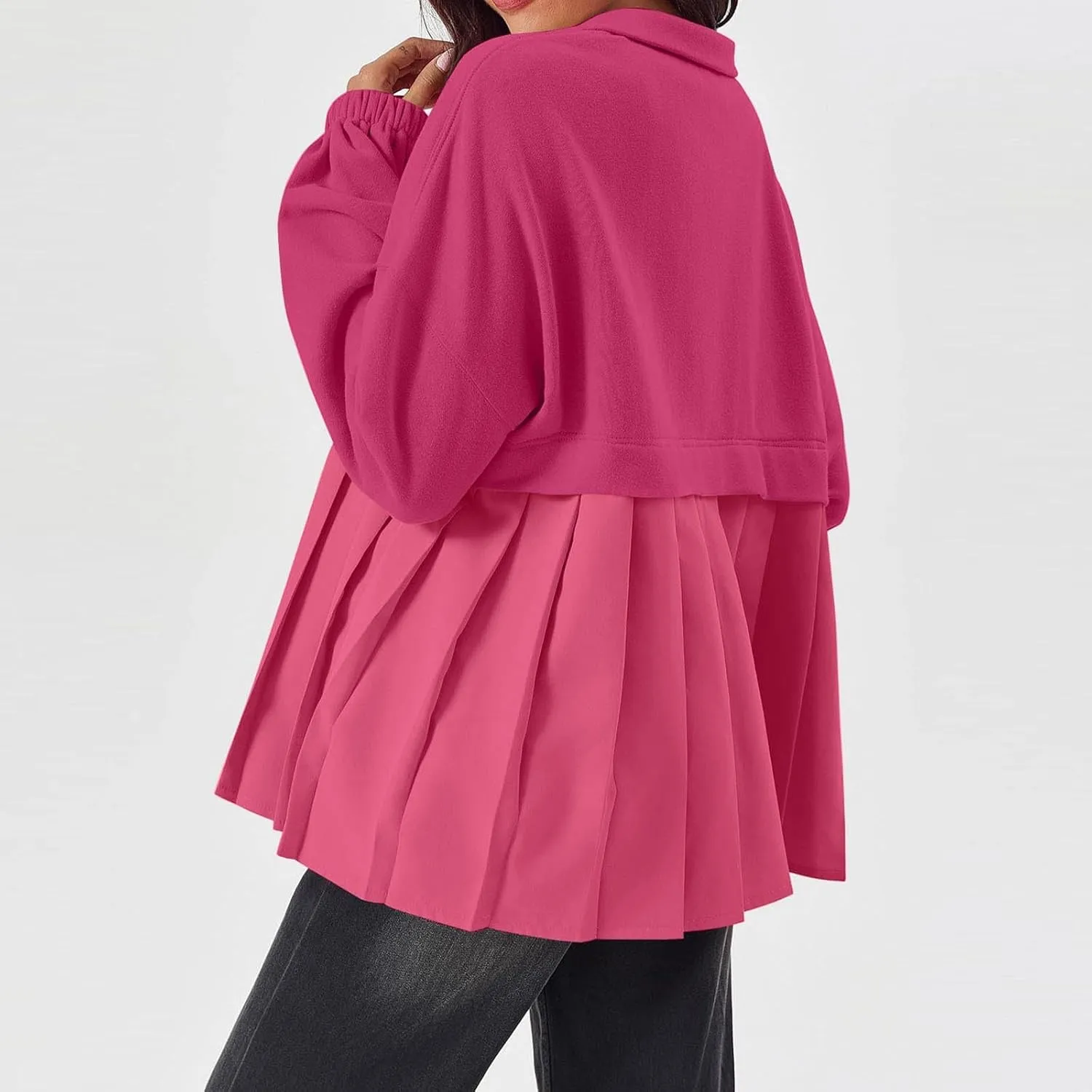 Women's Snaps Down Jackets Long Sleeve Pleated Patchwork Casual Loose Flowy Sweatshirts Fall Fashion Coats