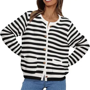 Women's Striped Cardigan Sweater with Pockets Long Sleeve Button Down Open Front Knit Outerwear for Fall Clothes