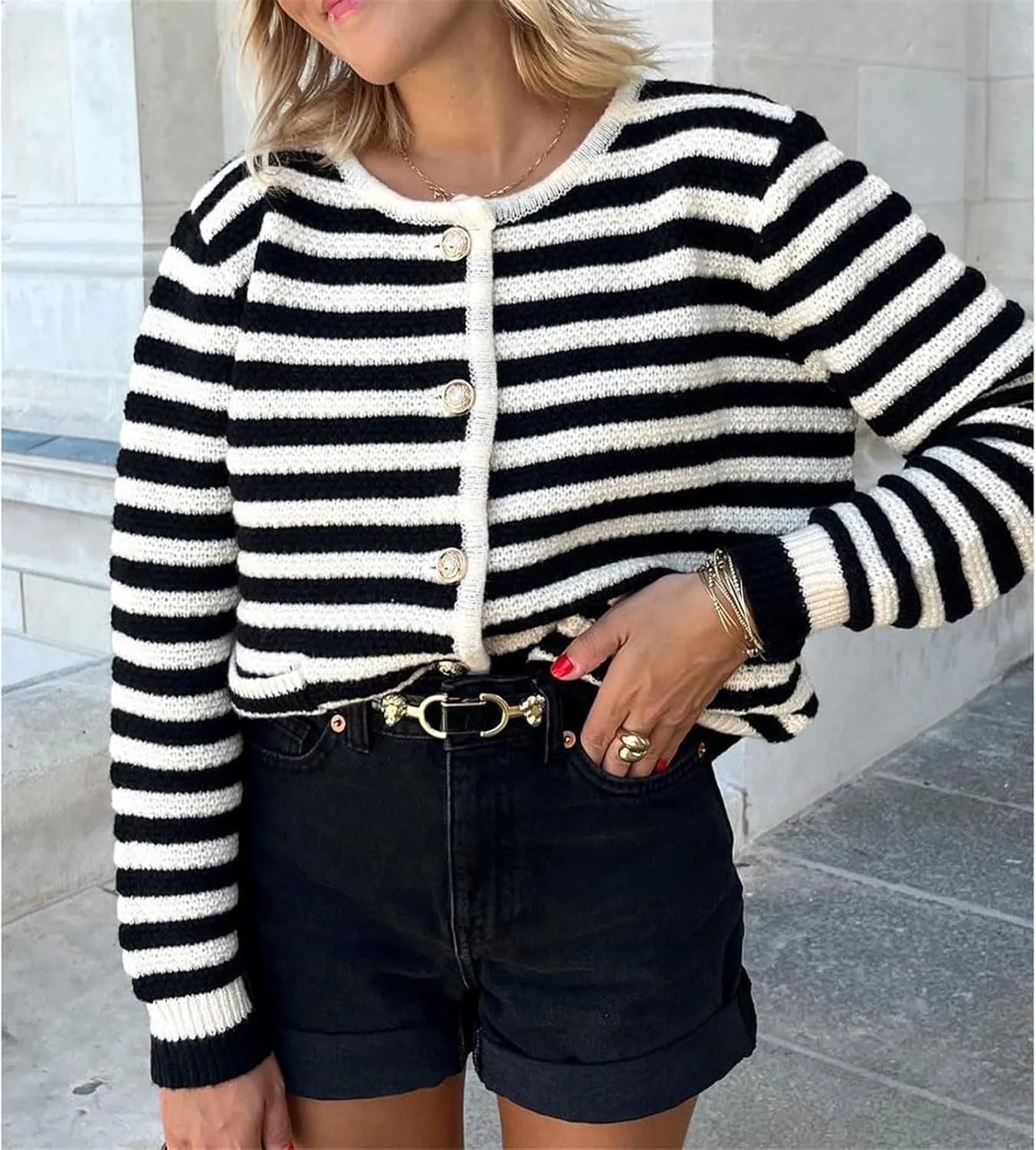 Women's Striped Cardigan Sweater with Pockets Long Sleeve Button Down Open Front Knit Outerwear for Fall Clothes