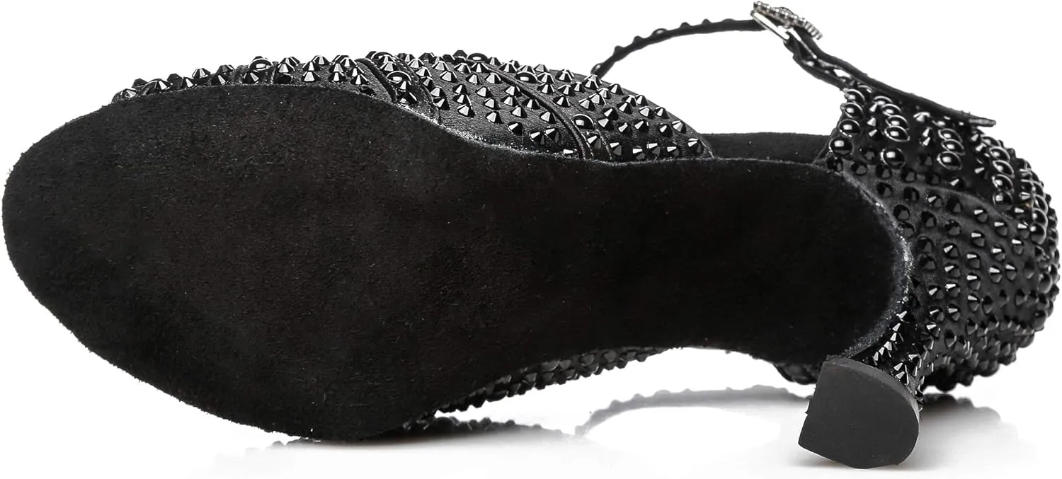 Women's Suede Sole Rhinestone Ballroom Dance Shoes for 1920s Latin Salsa Glitter Performance Dance Shoes
