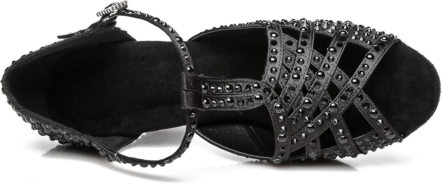 Women's Suede Sole Rhinestone Ballroom Dance Shoes for 1920s Latin Salsa Glitter Performance Dance Shoes