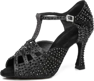 Women's Suede Sole Rhinestone Ballroom Dance Shoes for 1920s Latin Salsa Glitter Performance Dance Shoes