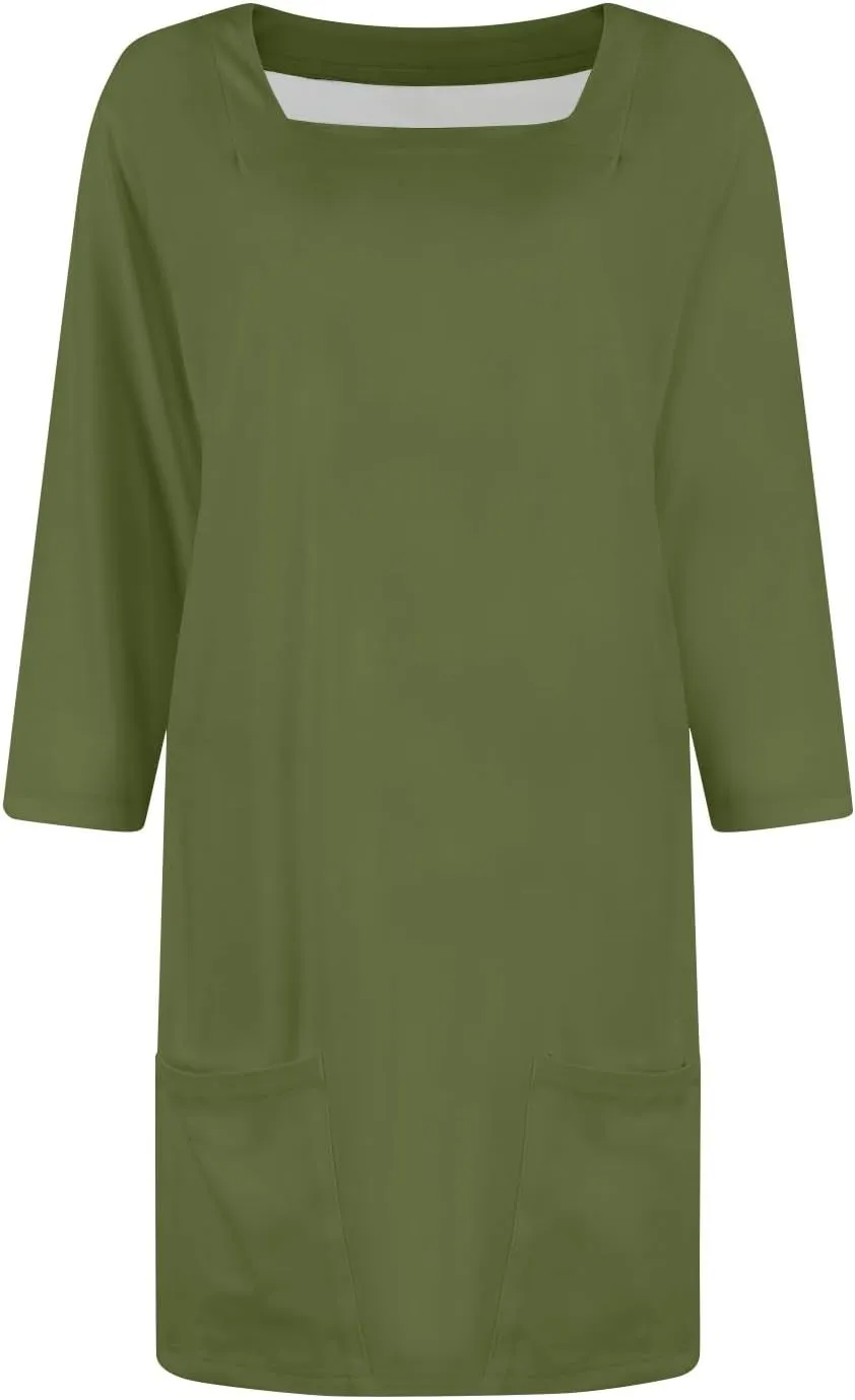 Women's Summer Casual Loose Trendy Dress Square Neck 3/4 Sleeve Solid Color Patchwork Midi Dresses, S-3XL