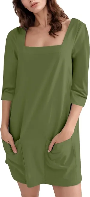 Women's Summer Casual Loose Trendy Dress Square Neck 3/4 Sleeve Solid Color Patchwork Midi Dresses, S-3XL