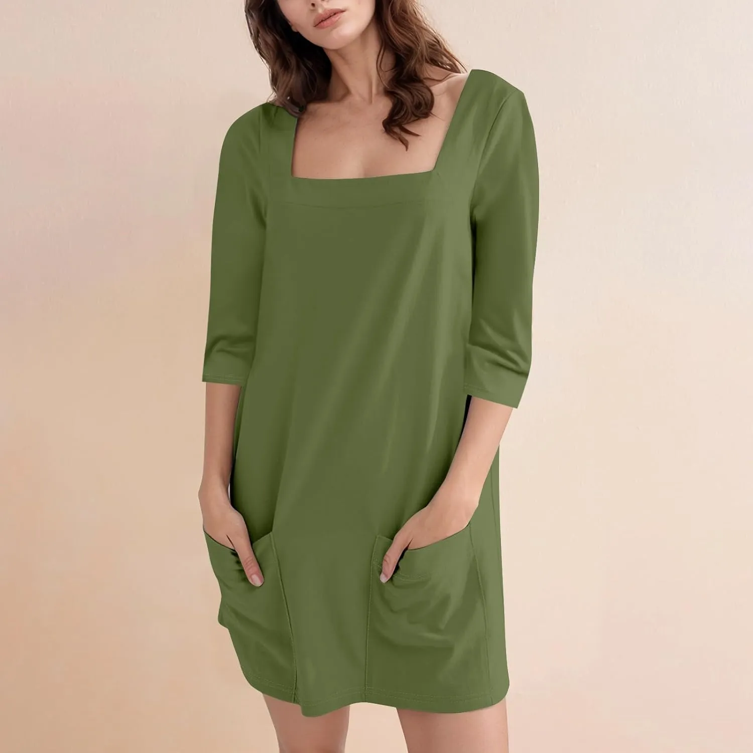 Women's Summer Casual Loose Trendy Dress Square Neck 3/4 Sleeve Solid Color Patchwork Midi Dresses, S-3XL