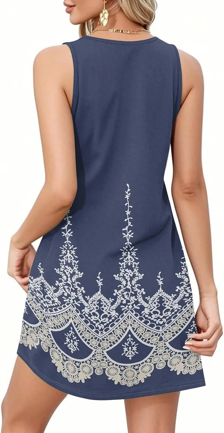 Women's Summer Casual Square Neck Gradient Color Sleeveless Pleated Summer Beach Tank Dress with Pockets
