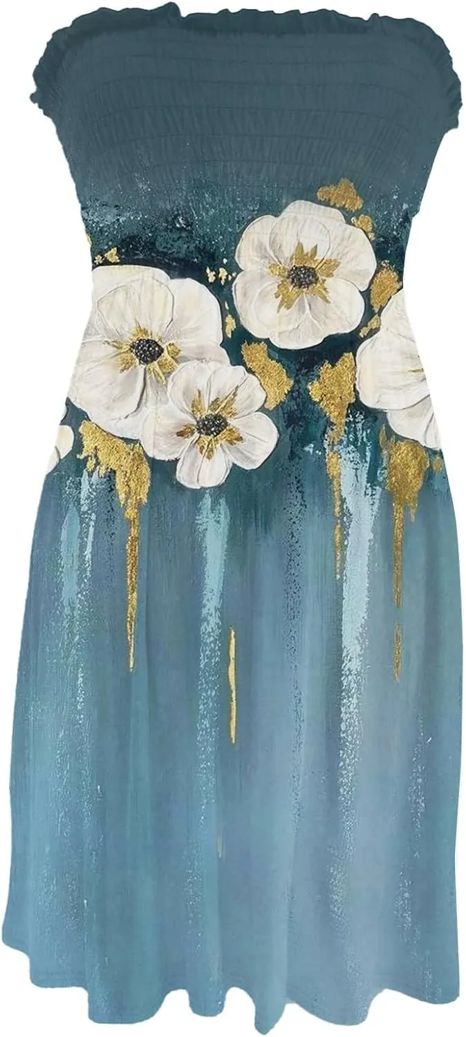 Women's Summer Dresses 2025 Sexy Beach Cover Ups Strapless Boho Floral Print Sundress Tube Top Dress