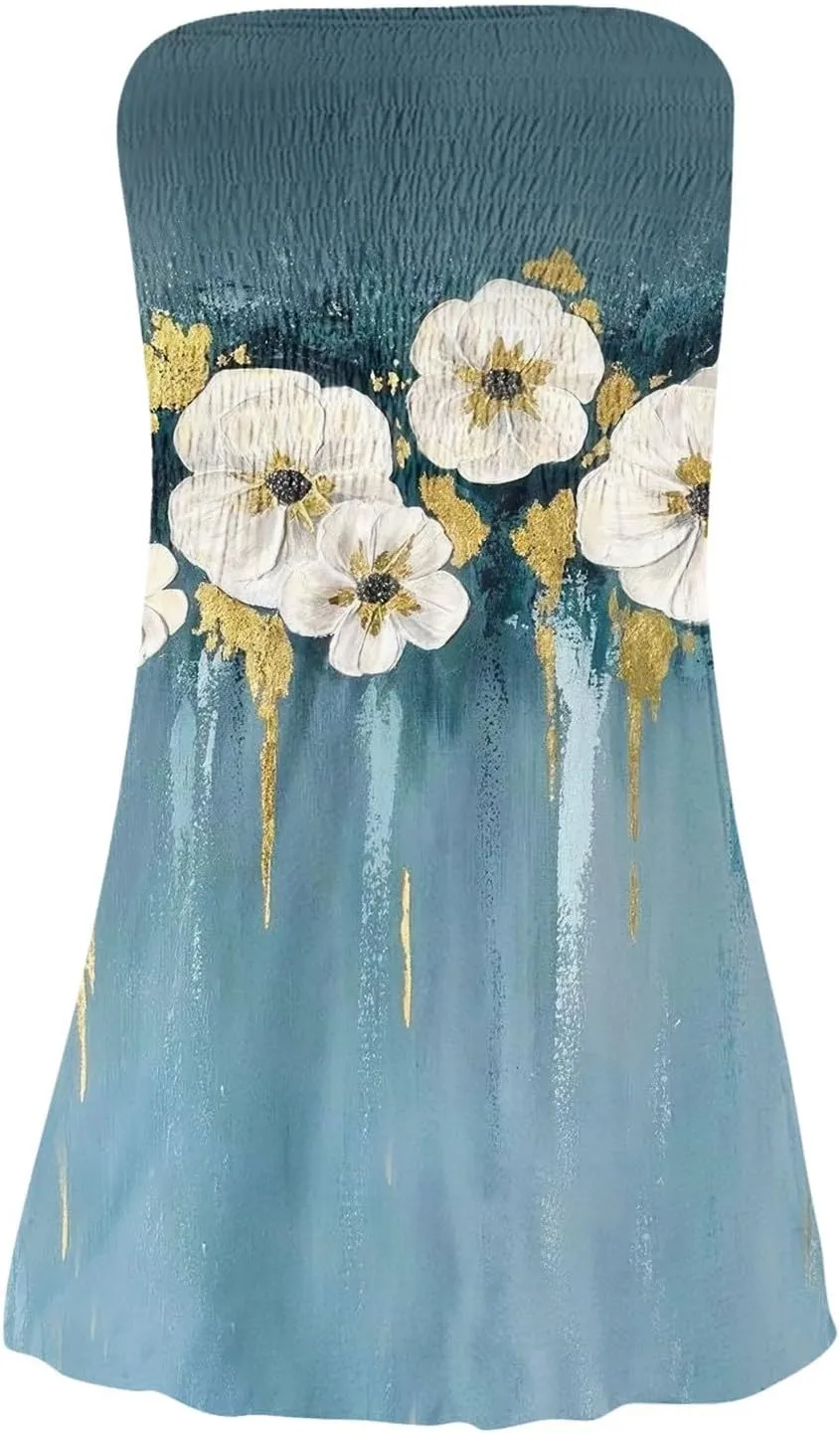 Women's Summer Dresses 2025 Sexy Beach Cover Ups Strapless Boho Floral Print Sundress Tube Top Dress