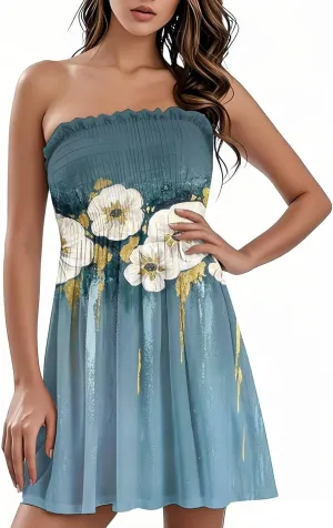 Women's Summer Dresses 2025 Sexy Beach Cover Ups Strapless Boho Floral Print Sundress Tube Top Dress