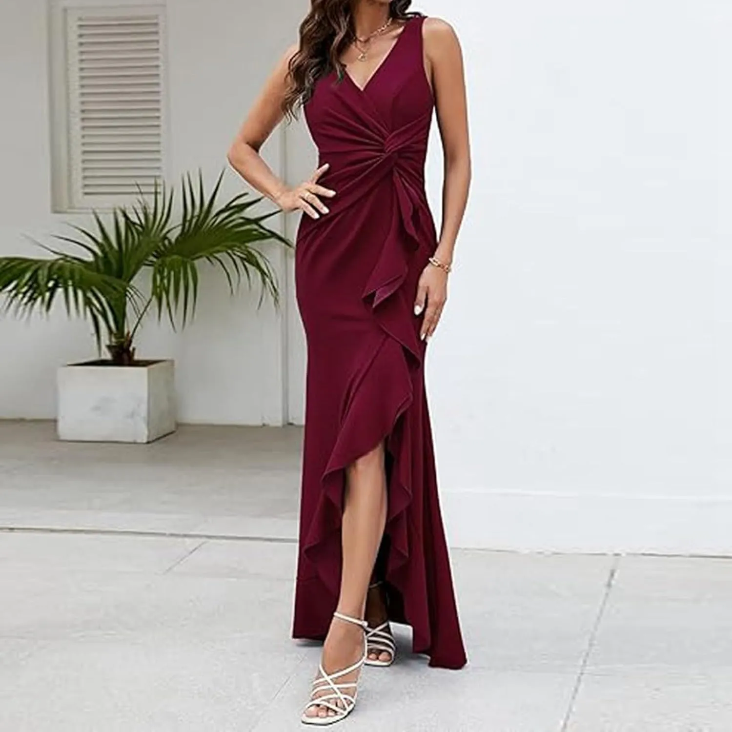 Women's Summer Formal Maxi Dresses Sleeveless Wrap V Neck Bodycon Ruched Slit Mesh Wedding Guest Cocktail Dress