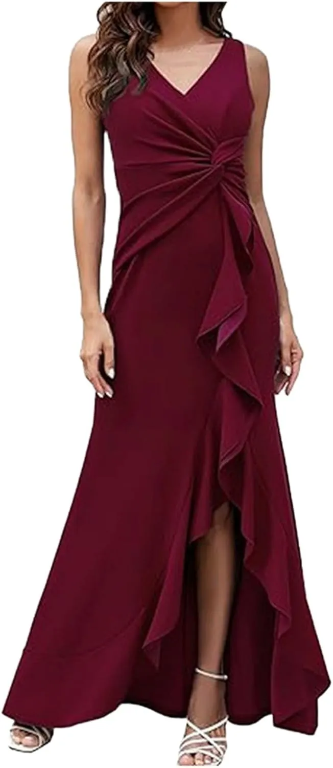 Women's Summer Formal Maxi Dresses Sleeveless Wrap V Neck Bodycon Ruched Slit Mesh Wedding Guest Cocktail Dress