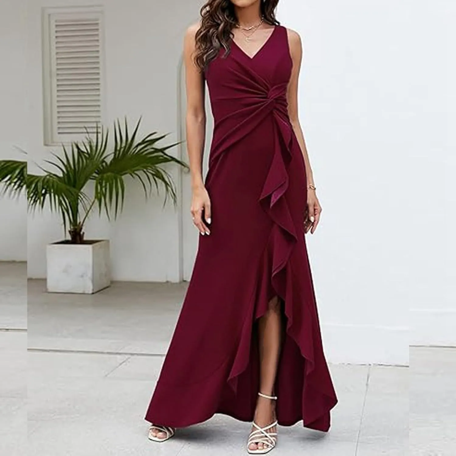 Women's Summer Formal Maxi Dresses Sleeveless Wrap V Neck Bodycon Ruched Slit Mesh Wedding Guest Cocktail Dress