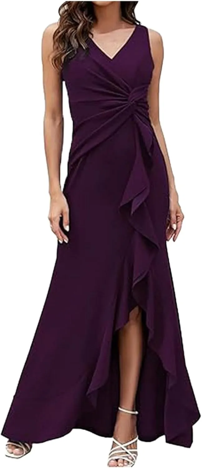 Women's Summer Formal Maxi Dresses Sleeveless Wrap V Neck Bodycon Ruched Slit Mesh Wedding Guest Cocktail Dress