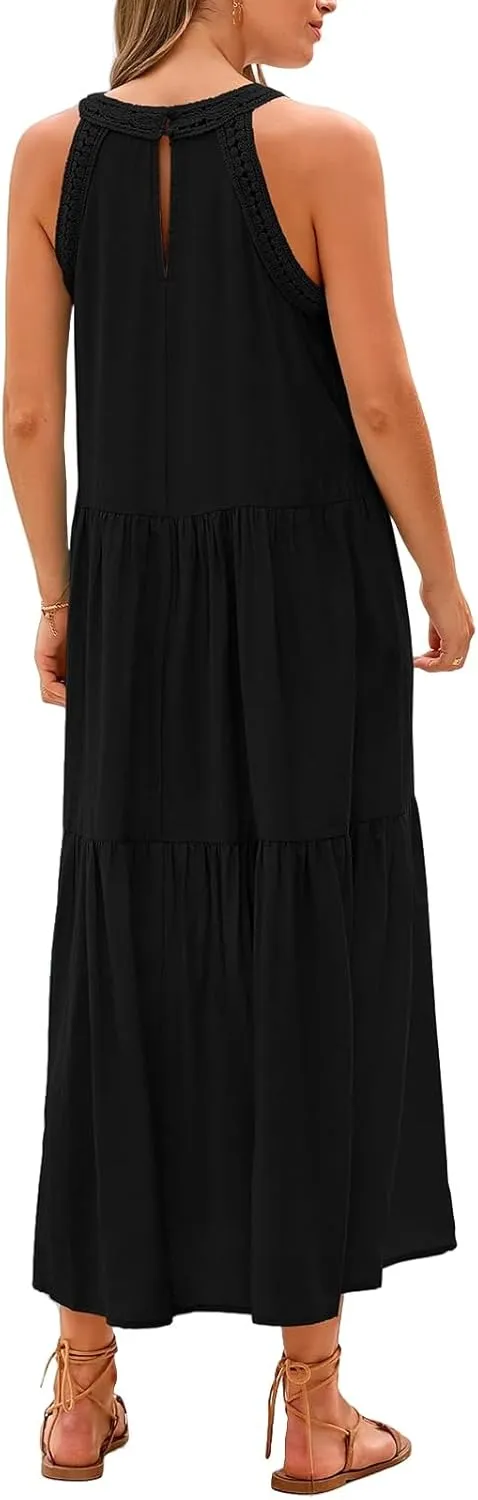 Womens Summer Halter Dresses Casual Sleeveless Hollow Out Tiered Swing Coverup Beach Vacation Sundress