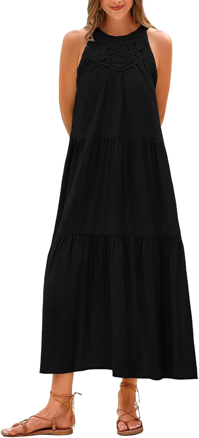 Womens Summer Halter Dresses Casual Sleeveless Hollow Out Tiered Swing Coverup Beach Vacation Sundress