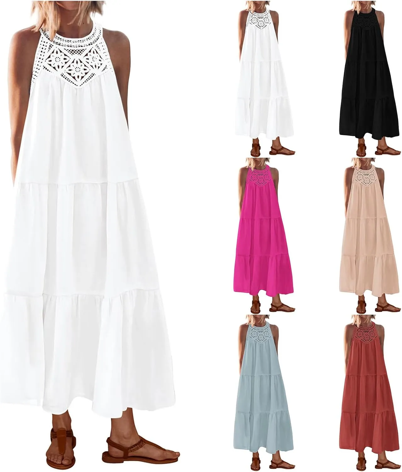 Womens Summer Halter Dresses Casual Sleeveless Hollow Out Tiered Swing Coverup Beach Vacation Sundress