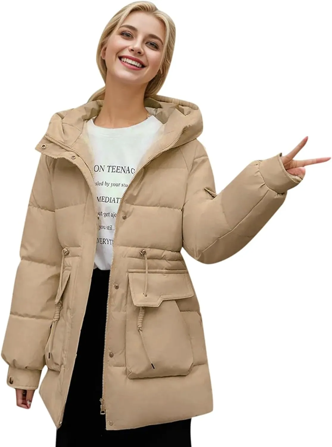 Women's Thickened Down Jacket Warm Winter Hooded Mid-Length Puffy Packable Jacket Puffer Down Coat Christmas Gifts
